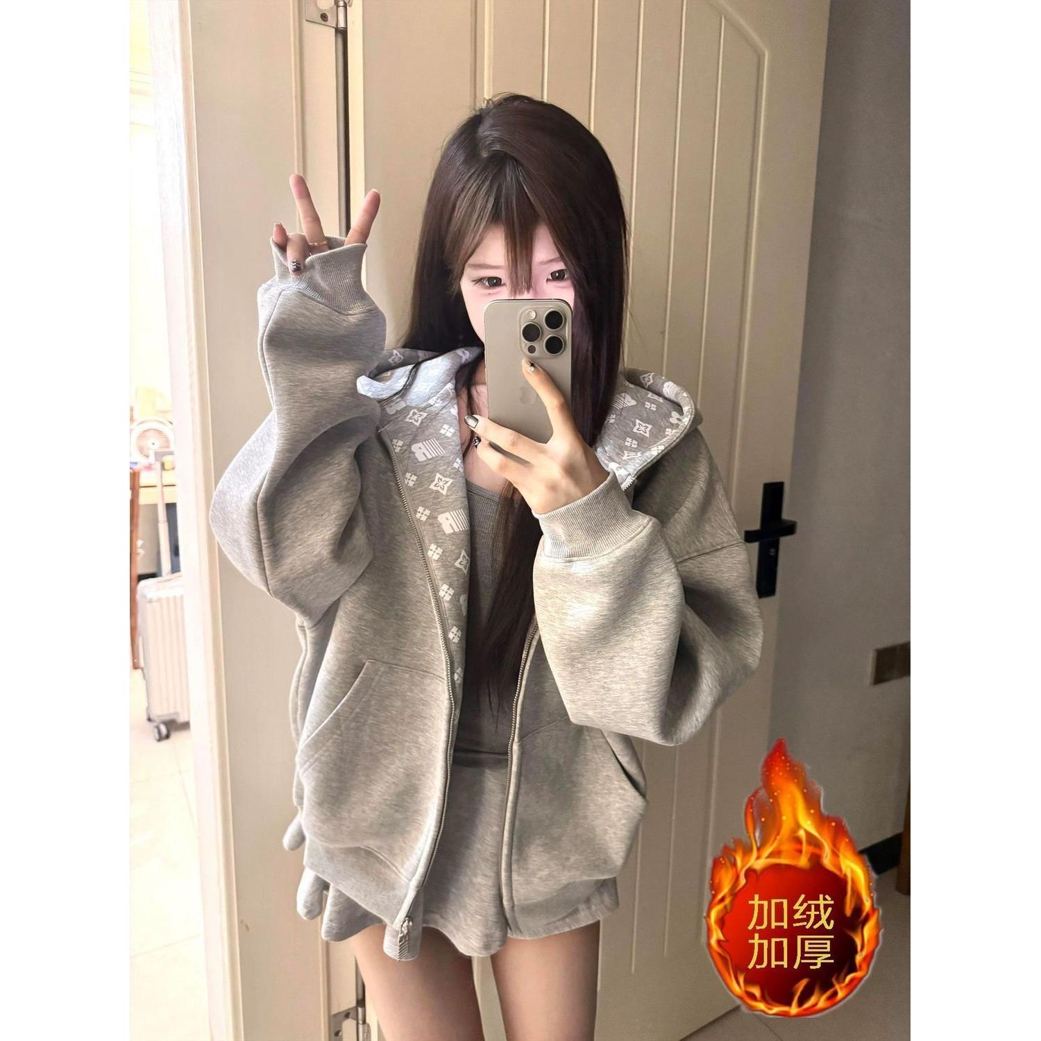 秋冬美式加绒加厚开衫连帽卫衣女学生宽松上衣小个子拉链韩版外套