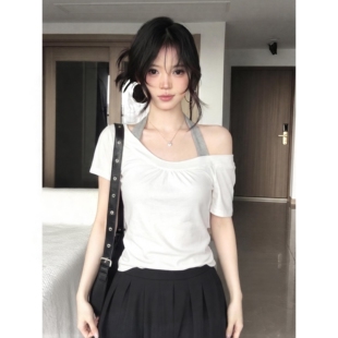 辣妹风一字肩短袖T恤女夏季挂脖吊带拼接宽松显瘦百搭露肩上衣tee