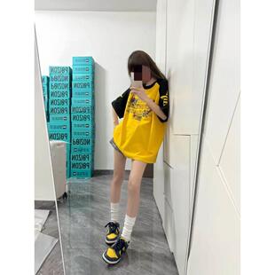 美式复古印花星星撞色短袖t恤女夏季设计感小众宽松情侣半袖上衣