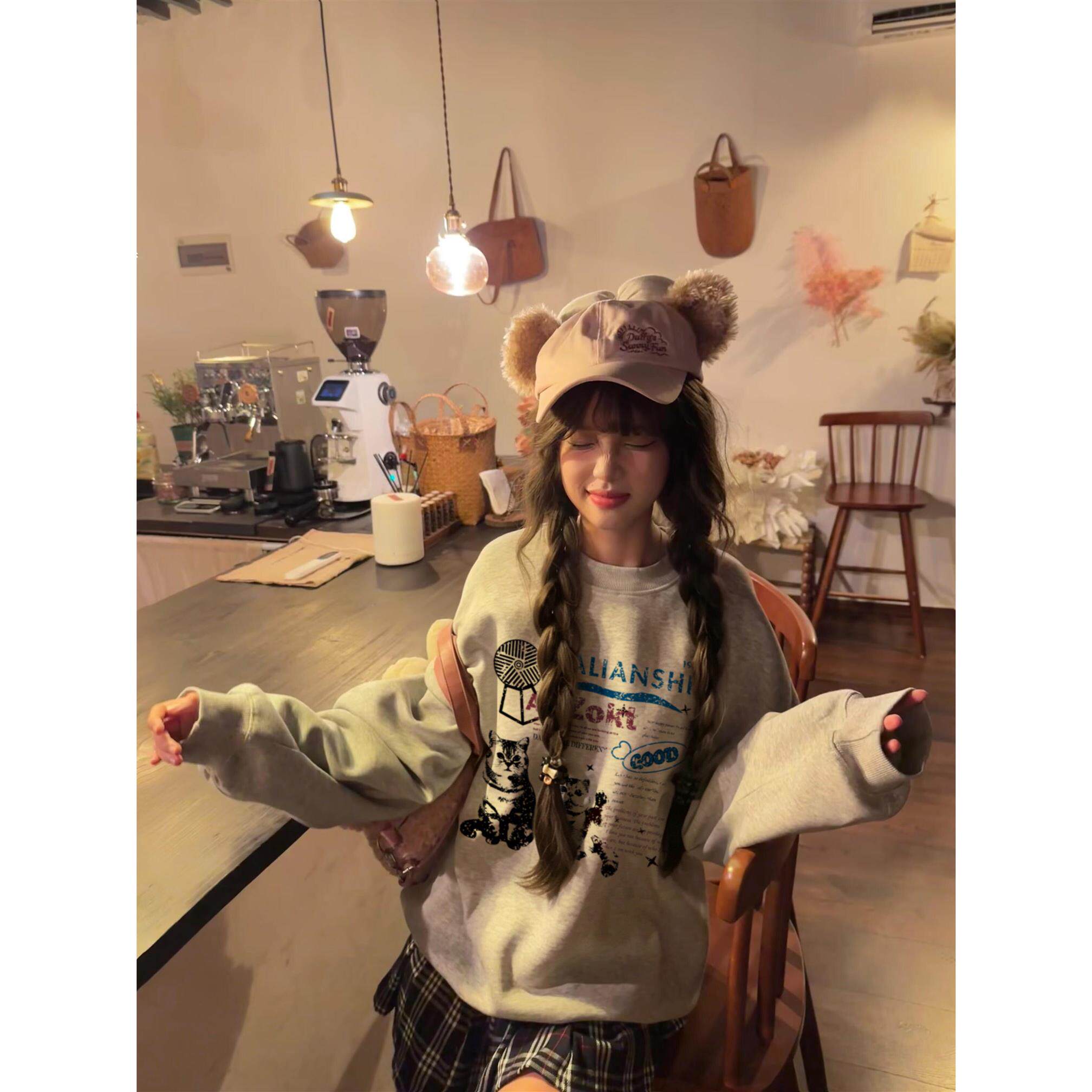 美式复古灰色无帽卫衣女小个子2026新款秋冬加绒宽松潮牌长袖上衣 | 丫丫淘宝网