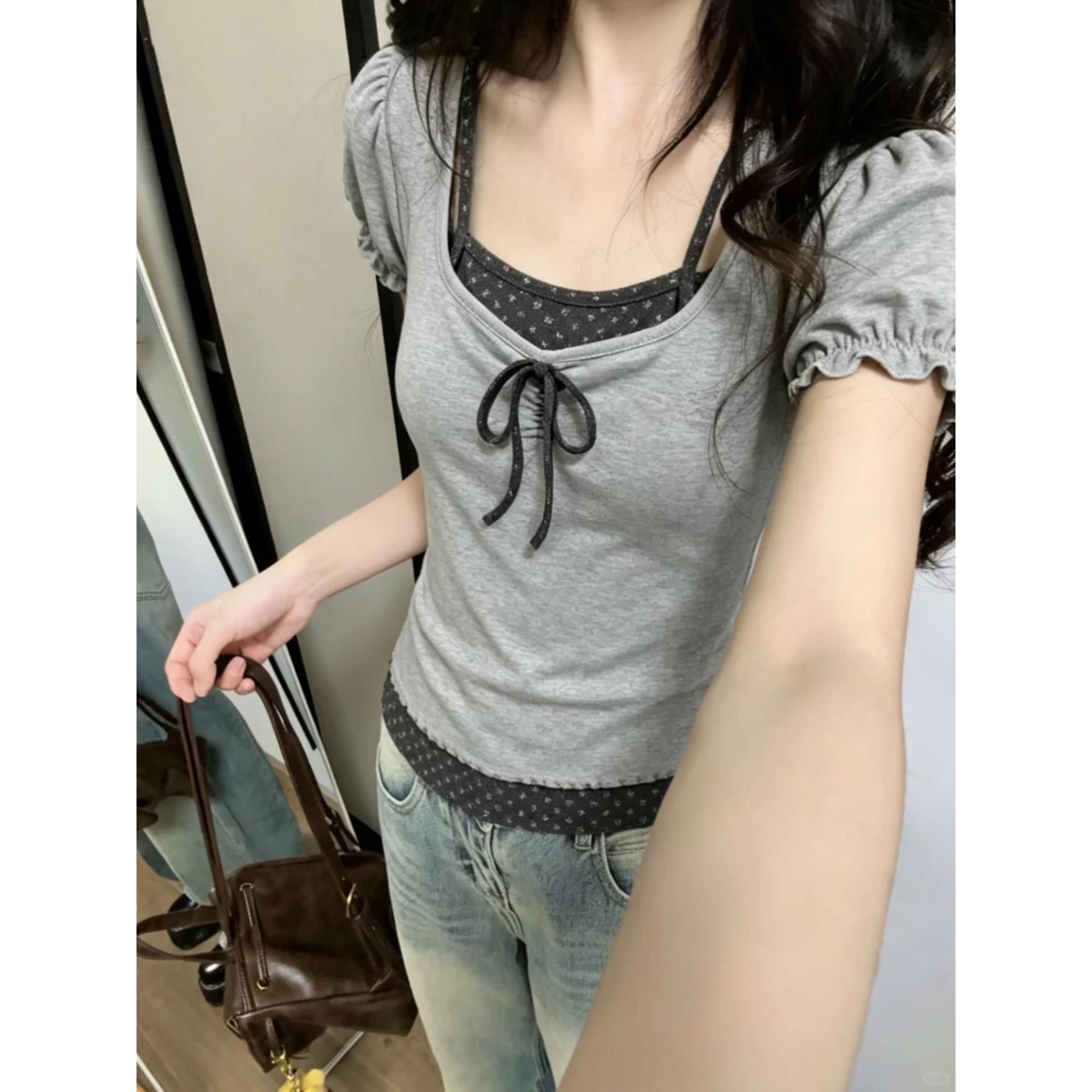 韩系碎花吊带拼接假两件绑带泡泡袖T恤女夏新款方领短袖修身上衣