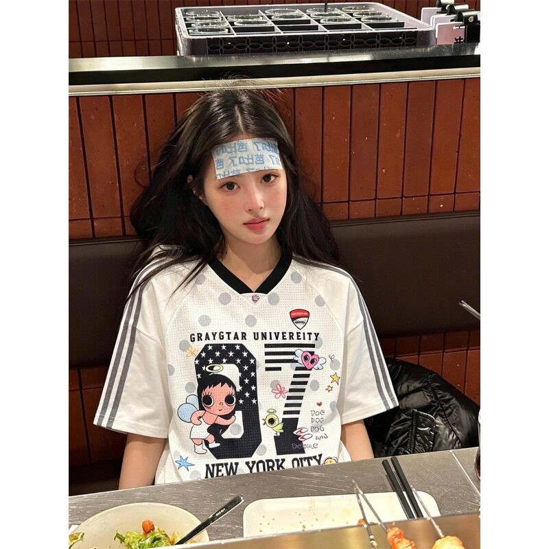 美式复古卡通波点印花v领短袖T恤女夏季休闲运动网眼透气球服上衣