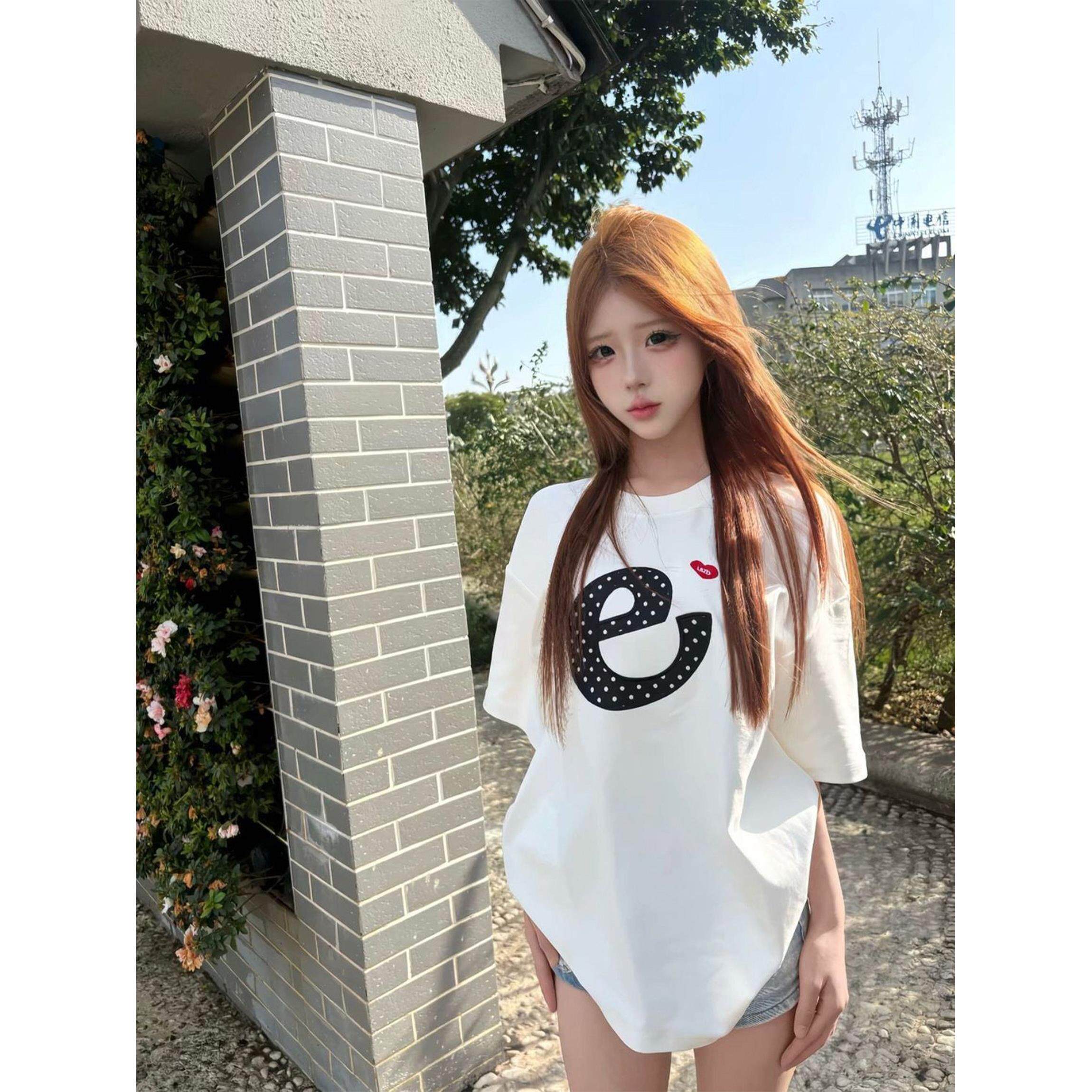 2026新款贴布刺绣爱心正肩t恤短袖女夏季重磅情侣装宽松白色上衣