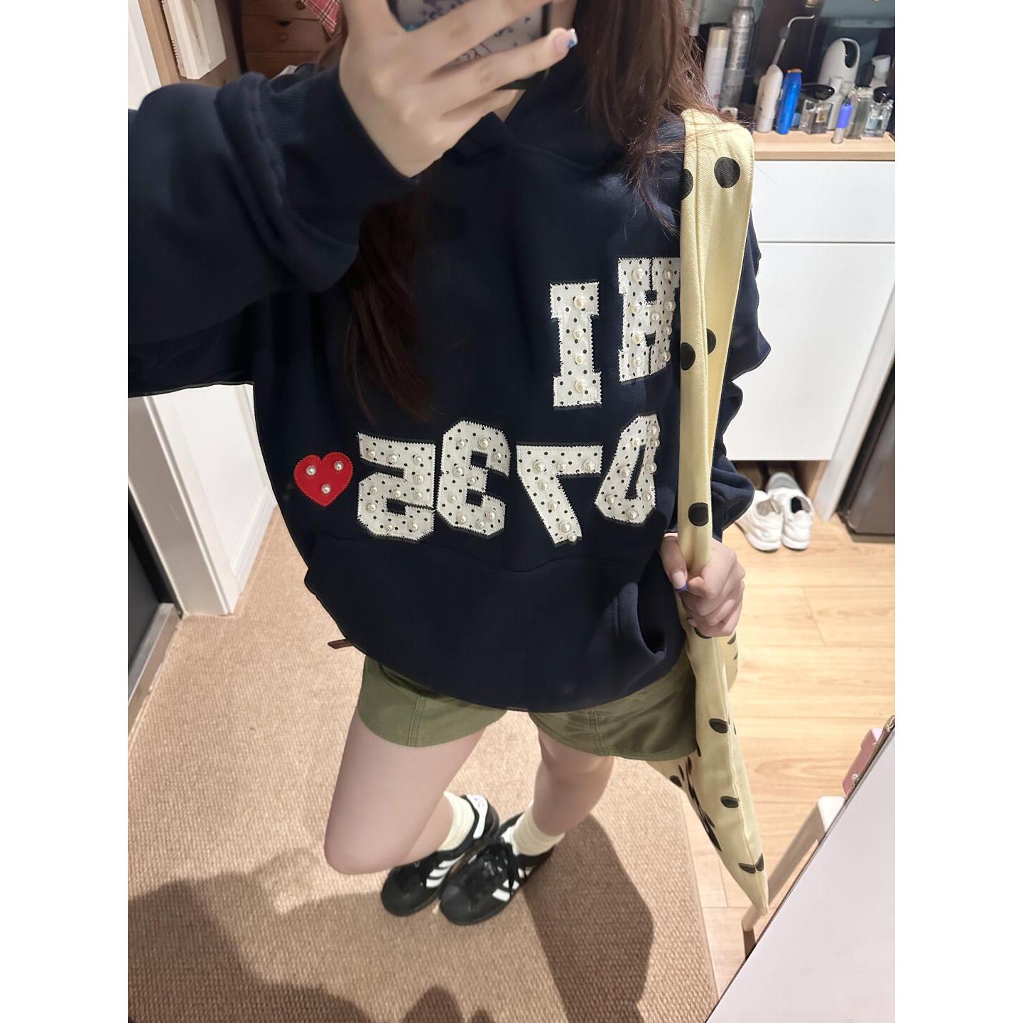 美式复古藏青色波点珍珠贴布刺绣连帽卫衣女秋冬高级感情侣外套
