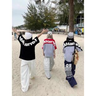 重磅宽松情侣装 t恤女夏季 正肩圆领上衣 高街字母印花撞色短袖 美式