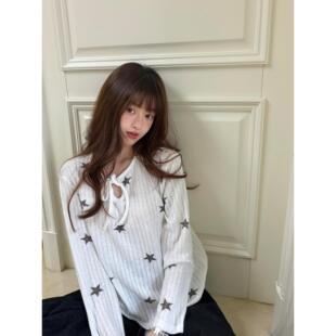 星星印花系带宽松防晒罩衫女长袖夏季新款韩系休闲风显瘦T恤上衣