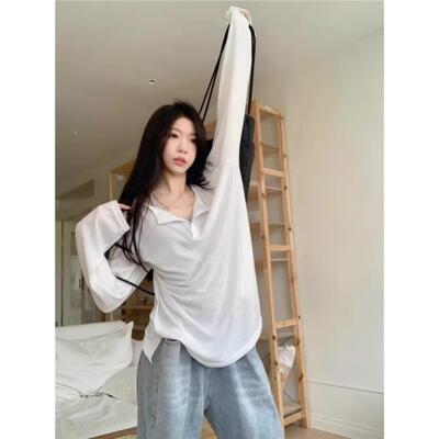 白色半开V领长袖罩衫女春夏季微透薄款T恤纯欲慵懒风宽松防晒上衣