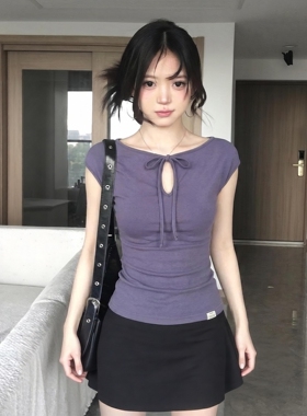紫色镂空系带短袖t恤女夏季穿搭抽褶收腰正肩tee修身显瘦辣妹上衣