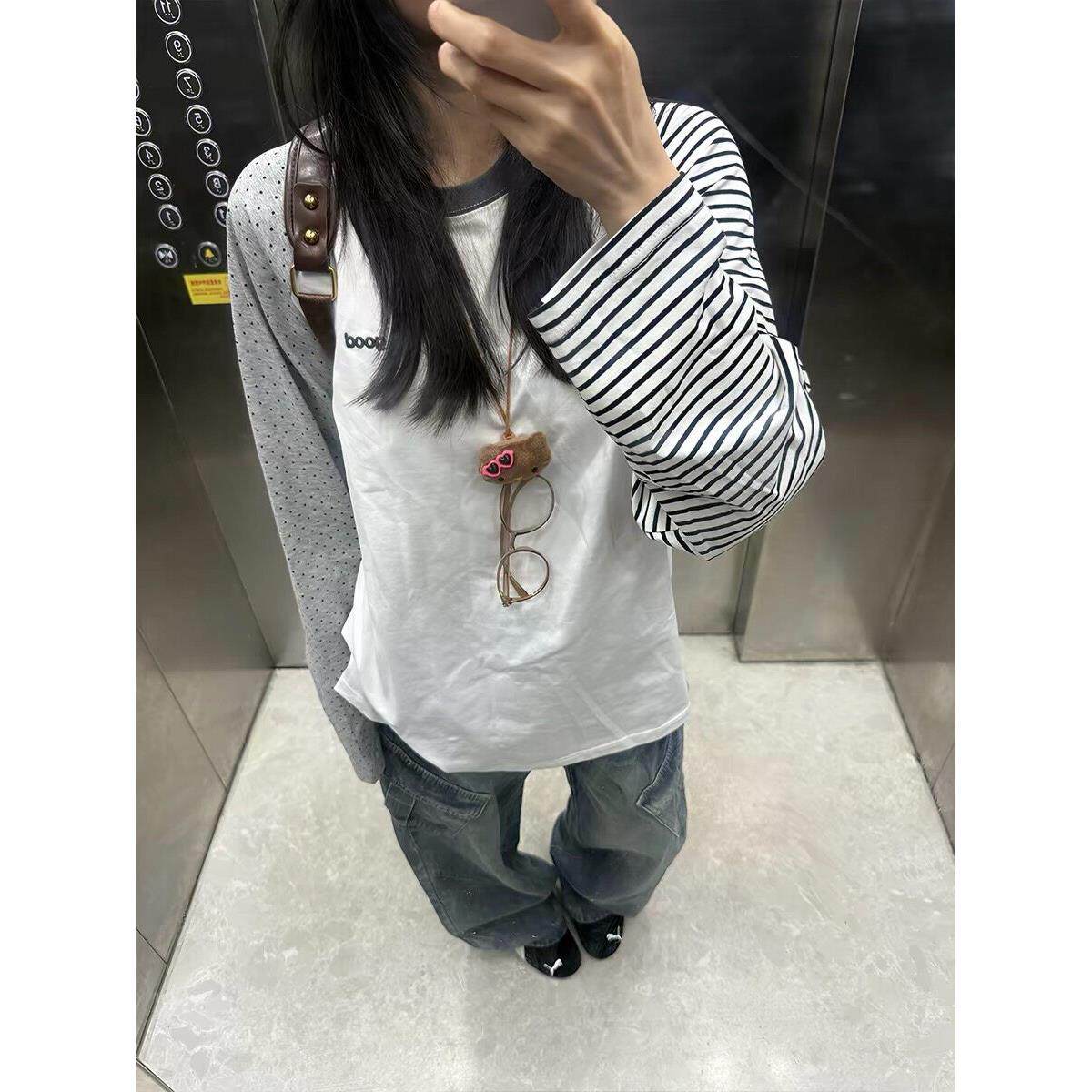 波点条纹撞色拼接插肩长袖t恤女春季新款宽松韩系设计感小众上衣