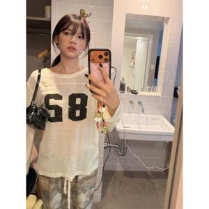 美式拼接微透数字米杏色防晒衣罩衫女夏季宽松显瘦设计感百搭上衣