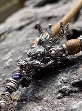 925银海龙王龙头三通藏式文玩金刚星月菩提椰蒂猴头手串配饰配件