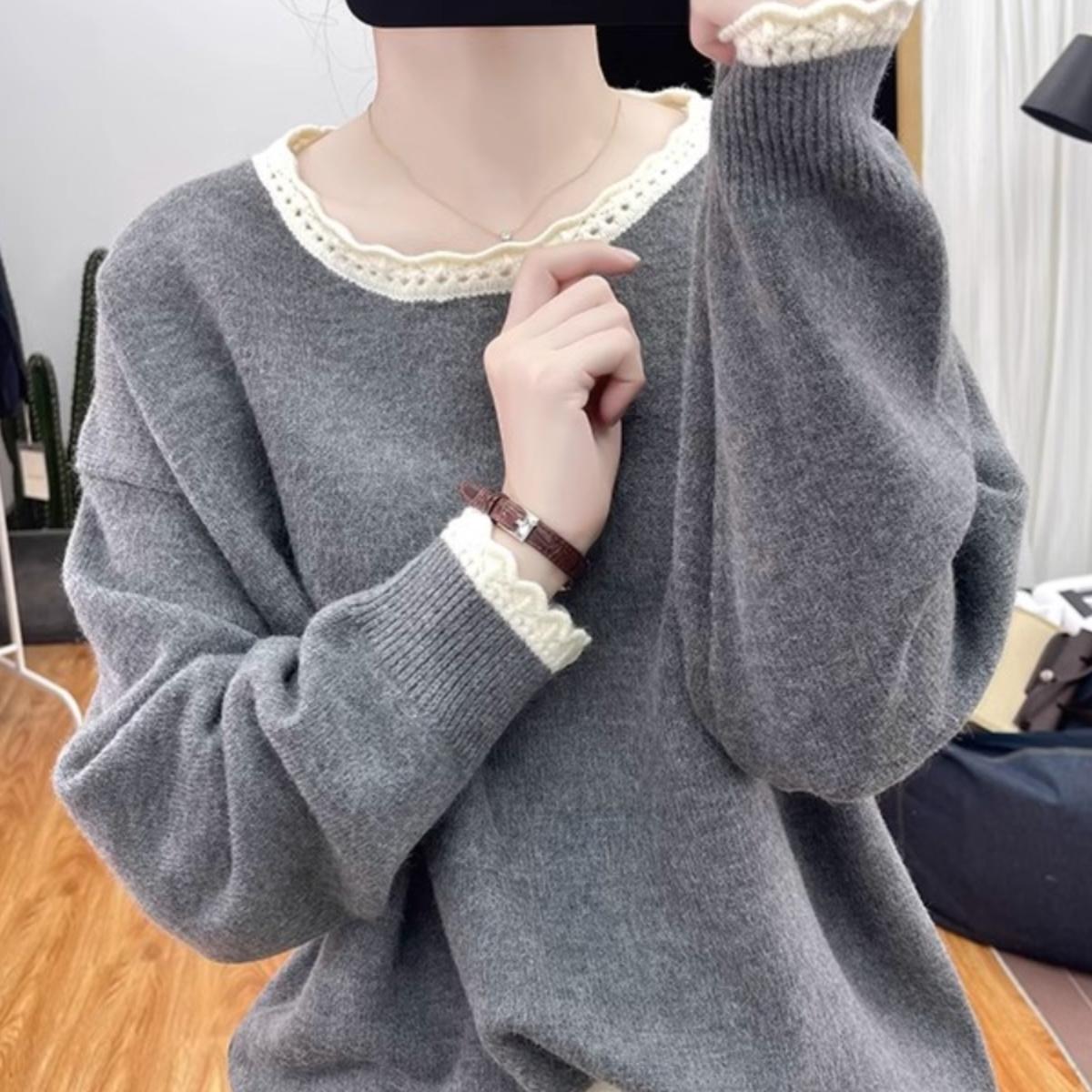 秋冬花边领加厚拼色针织衫女减龄宽松上衣2024新款圆领打底衫毛衣