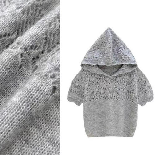 气质显瘦灰色连帽短袖针织衫女装设计感镂空小众上衣2025夏季新款