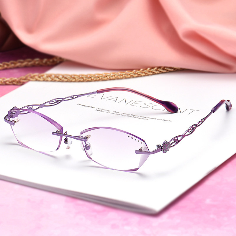 无框切边镶钻近视眼镜女配成品有度数散光近视眼镜架女士平光眼镜