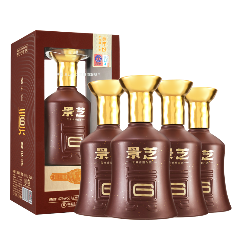 景芝真6年 芝麻香型白酒42度500ml*4瓶装整箱