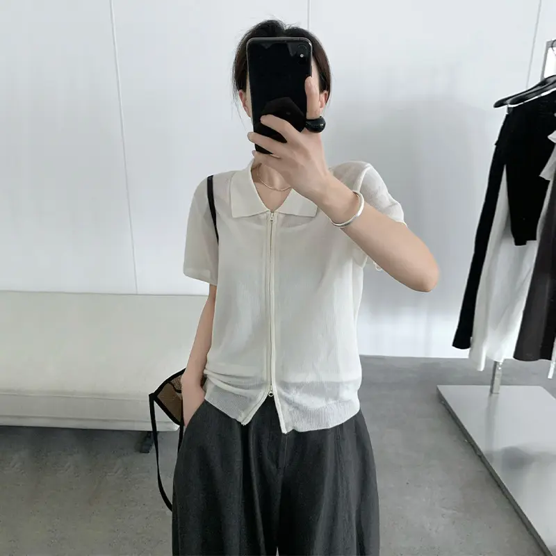 TG 薄款双开拉链短袖针织POLO衫女2025夏季新款简约休闲上衣24886
