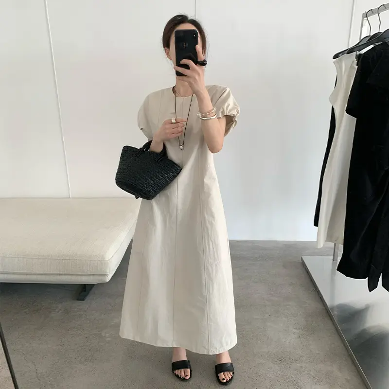 TG 抽褶泡泡短袖显瘦收腰别致连衣裙女2025夏季新款气质长裙24863