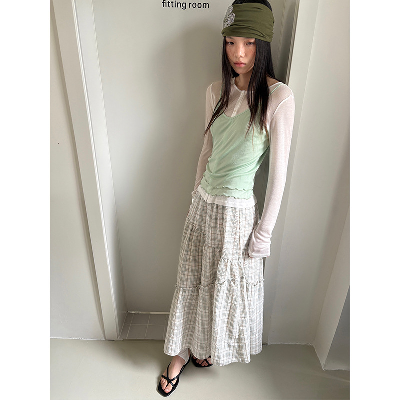 衣夫格子拼接半身裙女2025夏季新款甜美通勤休闲时尚伞裙子5165
