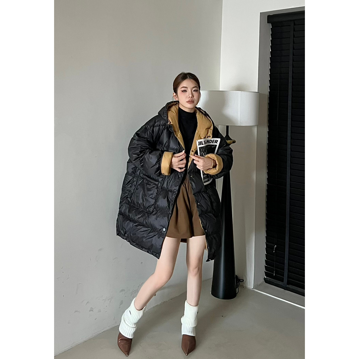 莉莉家复古优雅连帽时尚保暖羽绒服外套（含90%白鸭绒）  70795#