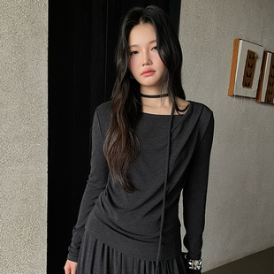 针织T恤女2025秋季 FONE简禾灰色收腰长袖 设计感气质飘带上衣58156