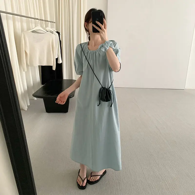 TG 韩版圆领泡泡短袖宽松连衣裙女2025夏季新款压褶百搭长裙24877