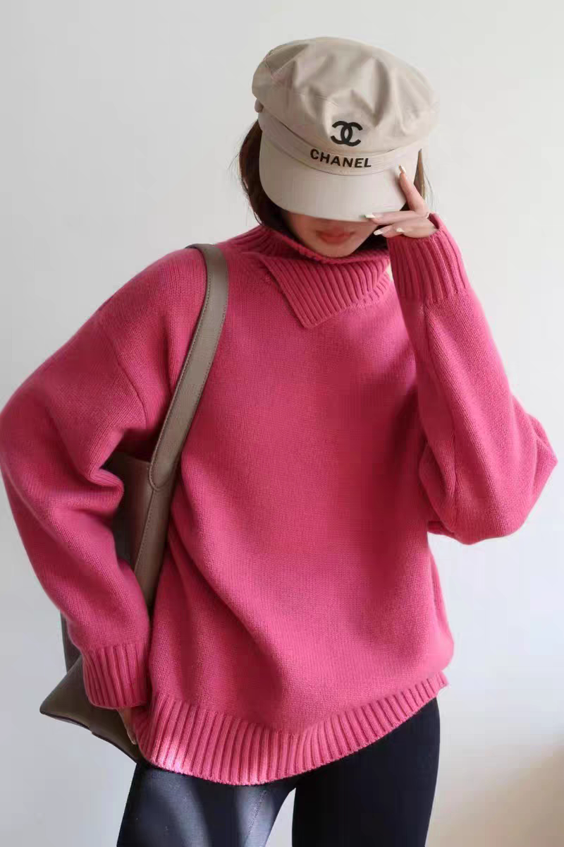 秋冬新款两翻领羊绒衫女宽松加厚不规则开叉设计羊毛衣
