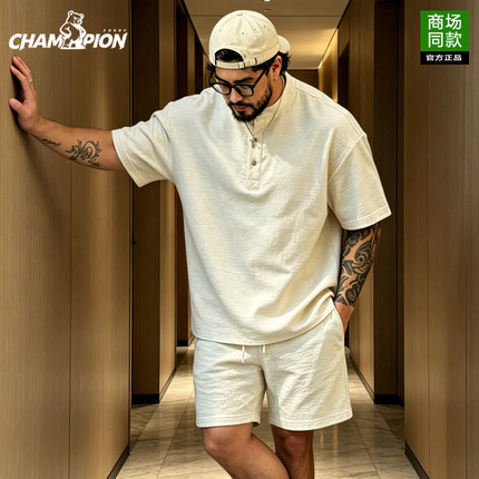 潮牌老钱风大码男T恤短袖休闲裤简约透气亨利领慵懒风两件装套装