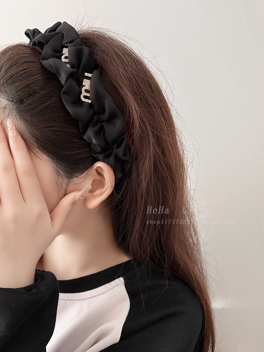 黑色缎面花边发箍女精致水钻字母镶嵌法式气质高颅顶头箍发卡头饰