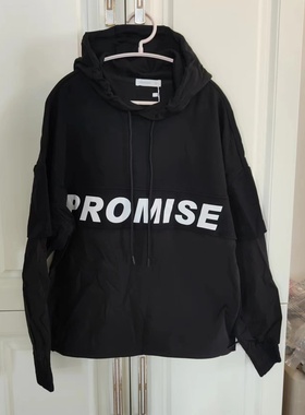 清仓正品男卫衣拼接黑色字母春秋新款宽松连帽套头衫学生日常上