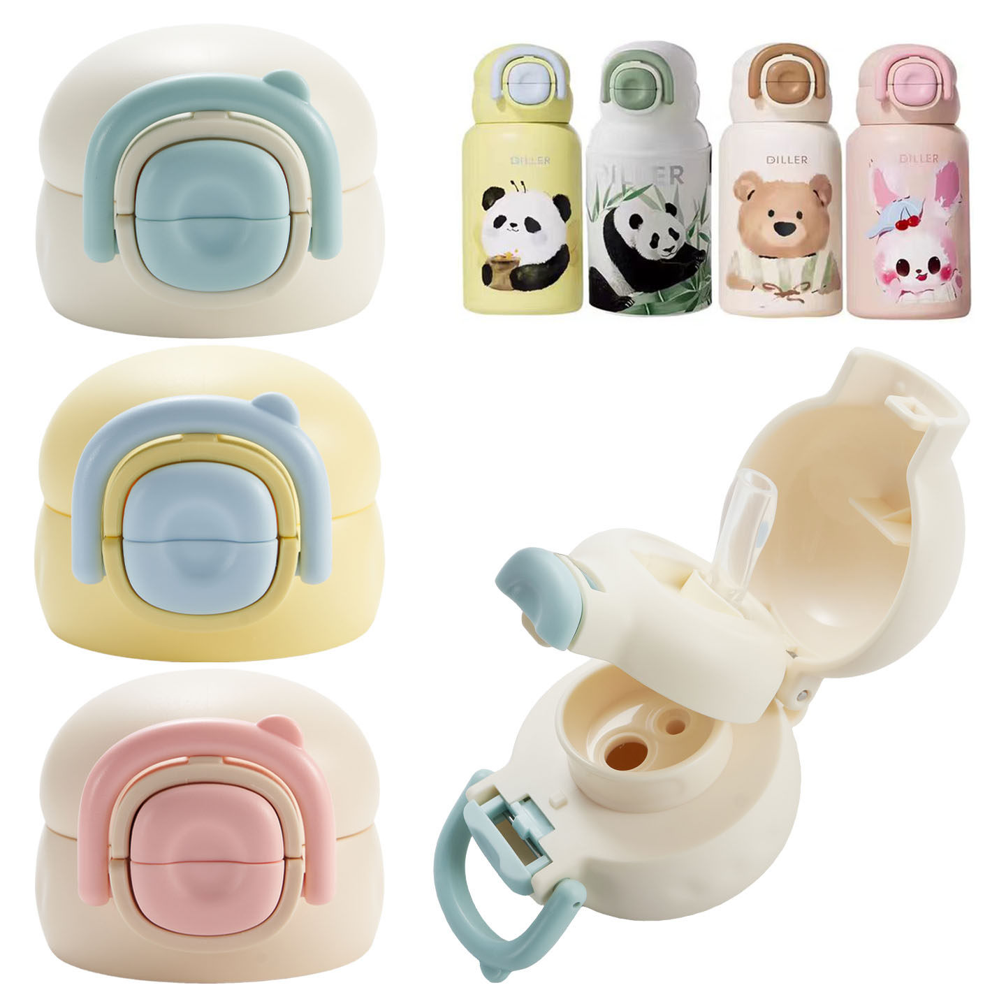 适用迪士尼儿童保温杯双饮盖草莓熊吸管吸嘴英氏迪乐贝尔9241配件