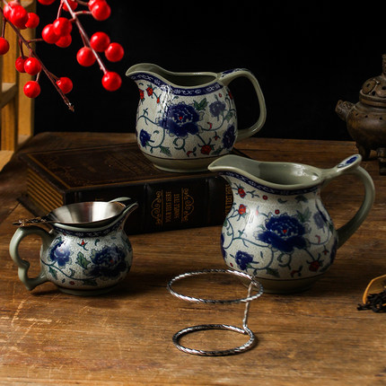 青花瓷中式复古陶瓷公道杯分茶器茶海带把手手柄加厚耐热功夫茶具