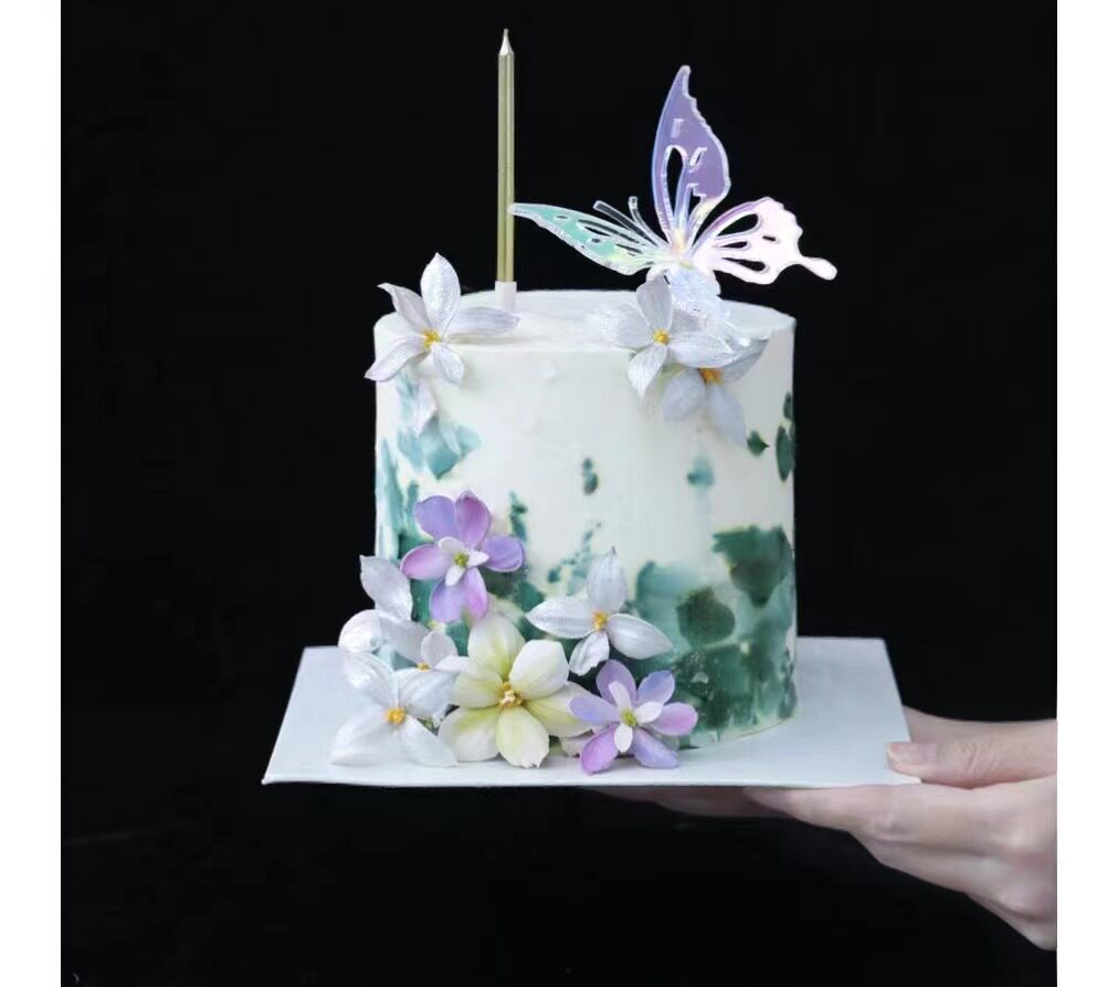 ins风手绘奶油霜立体花朵蛋糕 亚克力幻彩蝴蝶小仙女生日蛋糕装饰
