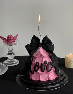 七夕情人节蛋糕装 饰黑粉高级色褶皱丝带蝴蝶结love亚克力蛋糕插件