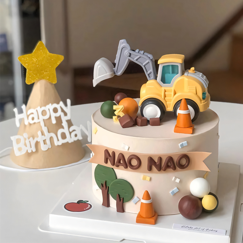 工程车挖土机生日蛋糕装饰摆件儿童男孩挖掘机推土机路障烘焙插件