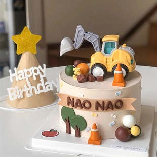 工程车挖土机生日蛋糕装饰摆件儿童男孩挖掘机推土机路障烘焙插件