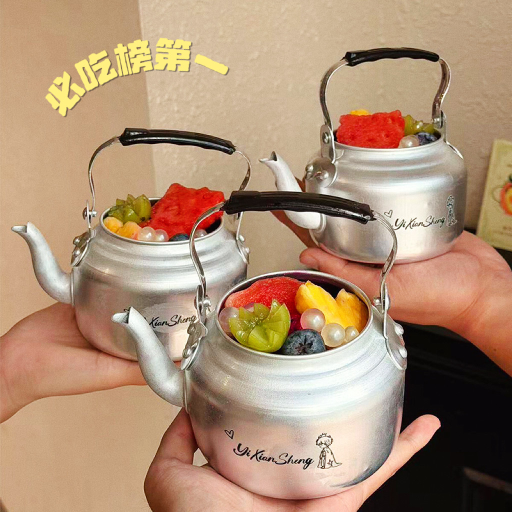 网红水吊子蛋糕装饰复古铝制茶壶小水壶甜品容器创意水果蛋糕摆件