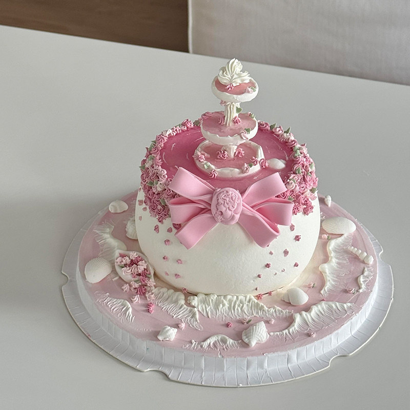 温柔粉系欧式许愿喷泉翻糖摆件美人头像蝴蝶结玫瑰花生日蛋糕配件