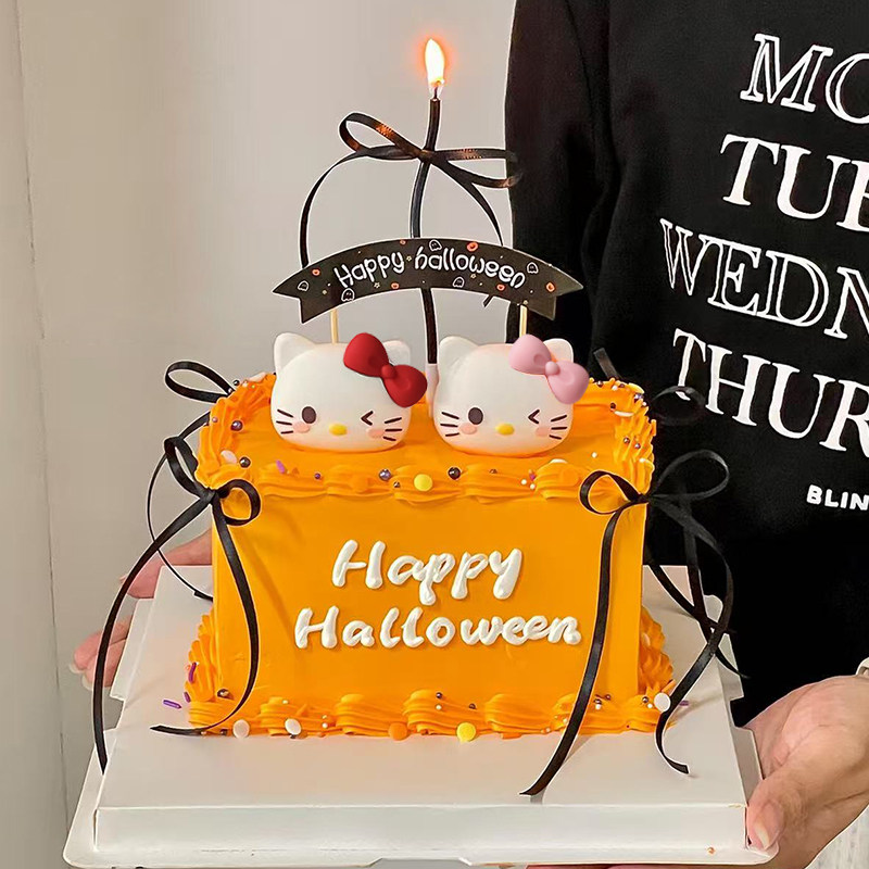 2025万圣节蛋糕装饰蝴蝶结KT猫摆件Halloween拱门插牌蜡烛插件