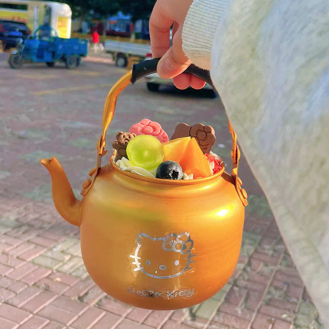 网红水吊子蛋糕 奶茶壶铝制金色水壶蛋糕甜品店专用蛋糕装饰摆件