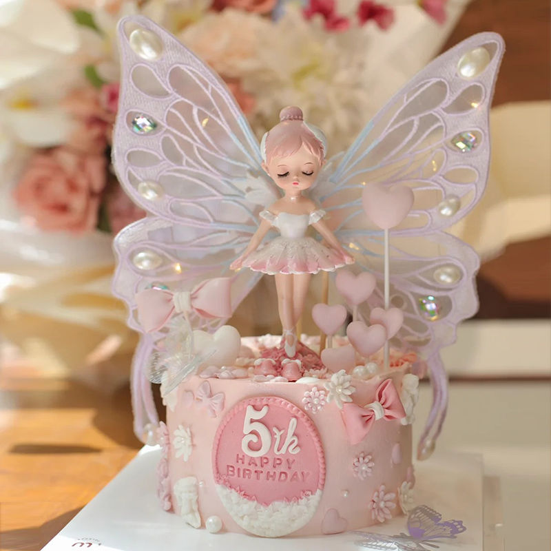 贝拉蛋糕装饰粉色芭蕾舞裙女孩刺绣蝴蝶带灯女生生日烘焙装扮插件