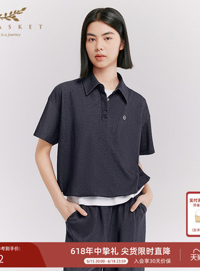 十二篮26夏新款宽松polo领短袖上衣简约百搭户外运动T恤女藏蓝