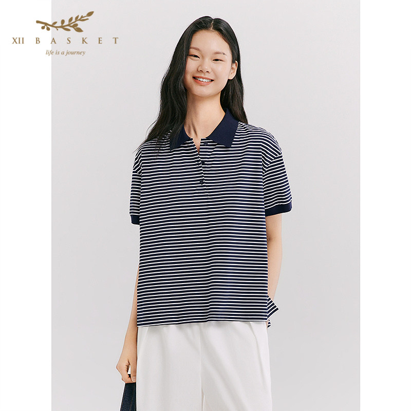 十二篮26春新款polo领撞色条纹箱型针织衫通勤休闲上衣藏蓝,女装/女士精品,T恤,淘宝优惠券,粉丝福利购,淘宝优惠卷