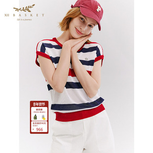十二篮26春新款圆领条纹针织衫女复古休闲运动百搭上衣中国红