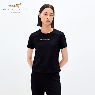 XII BASKET十二篮商场同款抗菌竹纤维黑色亲肤修身T恤女夏季