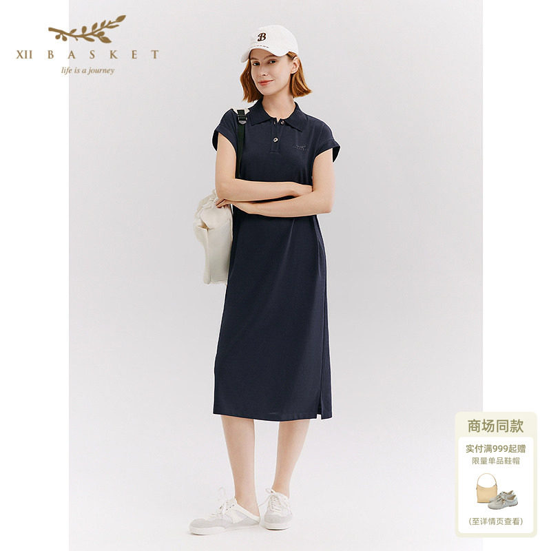 十二篮26春新款短袖polo领直筒慵懒休闲运动连衣裙女藏蓝
