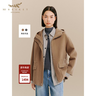 十二篮25冬新款 羊毛羊绒复古轻通勤毛呢外套女休闲百搭连帽大衣