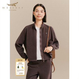 十二篮专选冬季 复古格纹拼接短外套休闲运动夹克女咖色