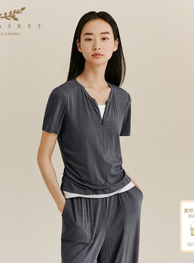 XII BASKET十二篮慵懒假两件短袖上衣短袖女运动弹力舒适灰色秋季