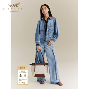水洗蓝纯棉复古高腰阔腿牛仔裤 经典 女 BASKET十二篮秋季 XII