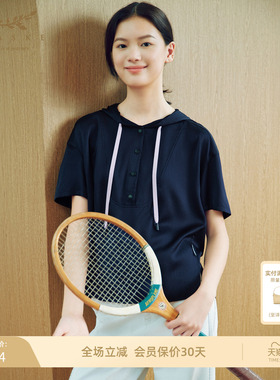 XII BASKET十二篮时尚撞色轻薄松弛真丝连帽上衣女夏季